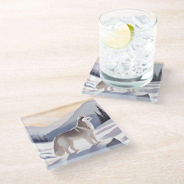 Posavasos De Vidrio Alaskan Husky | Dog Mountain Watercolor (Angular)