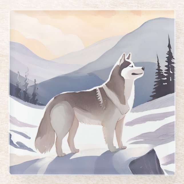 Posavasos De Vidrio Alaskan Husky | Dog Mountain Watercolor (Anverso)