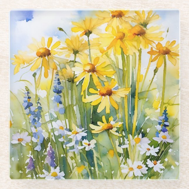 Posavasos De Vidrio Alegres margaritas amarillas, flores silvestres (Anverso)