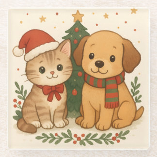 Posavasos De Vidrio Alegría de los Navidades de Cachorros y Gatitos