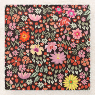 Posavasos De Vidrio Alfombra Floreciente: Vintage floral sin foco.