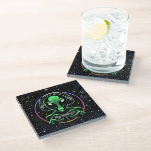 Posavasos De Vidrio Alien jugando videojuegos con fondo estelar