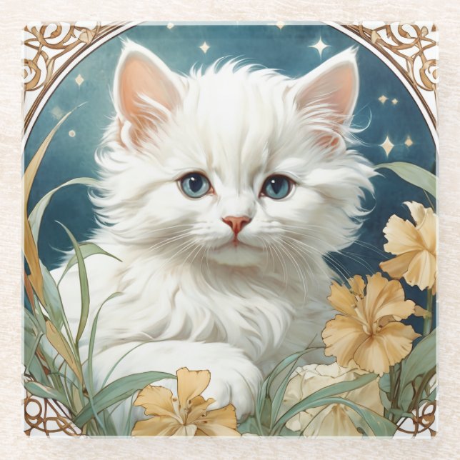 Posavasos De Vidrio Alphonse Mucha Art Nouveau Kitten (Anverso)
