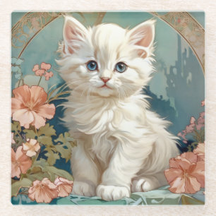Posavasos De Vidrio Alphonse Mucha Estilo Gato Blanco