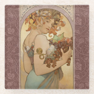 Posavasos De Vidrio Alphonse Mucha Frutas Art Nouveau Vintage Doncella