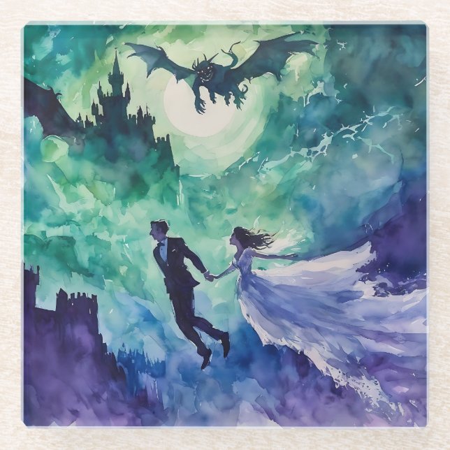 Posavasos De Vidrio Amantes voladores - Pintura de acuarela (Anverso)