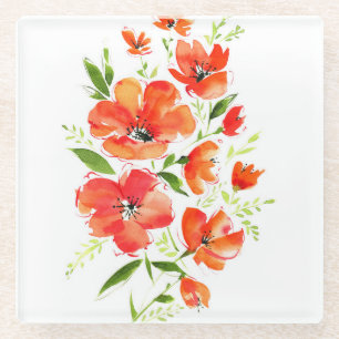 Posavasos De Vidrio Amapola Ornamental Acuarela: Ramo Aislado