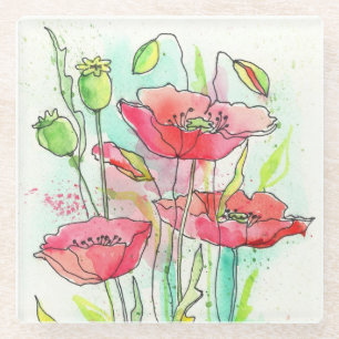 Posavasos De Vidrio Amapolas pintadas de la acuarela