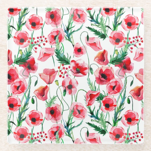 Posavasos De Vidrio Amapolas rojas: ilustración floral de acuarela (Anverso)