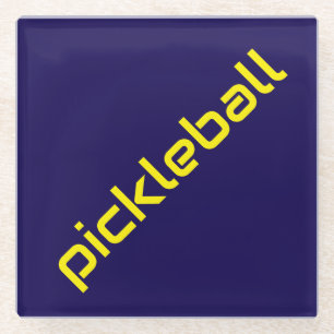 Posavasos De Vidrio Amarillo Brillante Diagonal PICKLEBALL Sobre Azul 