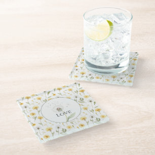 Posavasos De Vidrio Amarillo Flores De Dientes De León Blancos Amor
