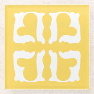 Posavasos De Vidrio Amarillo Mostaza y Corazones Blancos