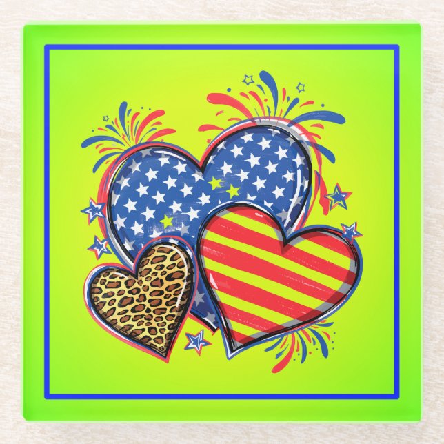 Posavasos De Vidrio American Flag Heart Leopard Sublimation-64210 (Anverso)
