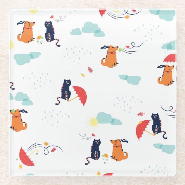 Posavasos De Vidrio Amigos del Día de las Lluvias: Viñeta de Perro Gat (Anverso)