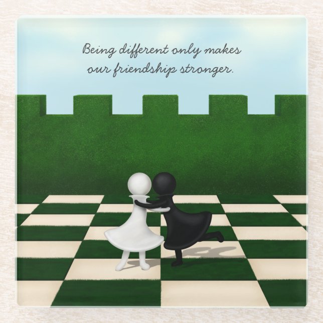 Posavasos De Vidrio Amistad Interracial Cute Pawns Abrazo Chessboard (Anverso)