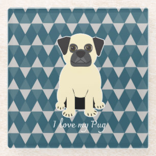 Posavasos De Vidrio Amo a mi Pug, patrón de diamantes azules