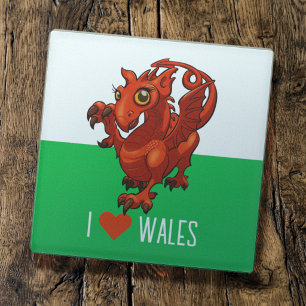 Posavasos De Vidrio Amo la bandera de Gales Pequeño dragón rojo galés
