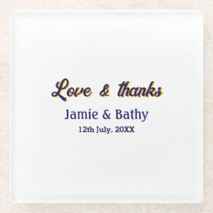 Posavasos De Vidrio Amor y gracias nombre de la pareja fecha en morado