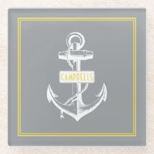 Posavasos De Vidrio Anclaje blanco vintage, marco con nombre amarillo