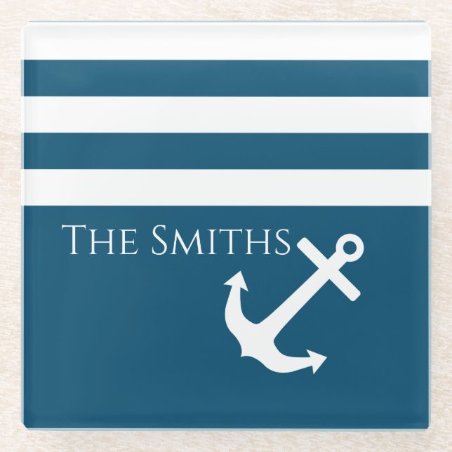 Posavasos De Vidrio Anclaje minimalista y franjas Náuticas (Anverso)