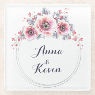 Posavasos De Vidrio Anémonas blancas y rosas, flores.
