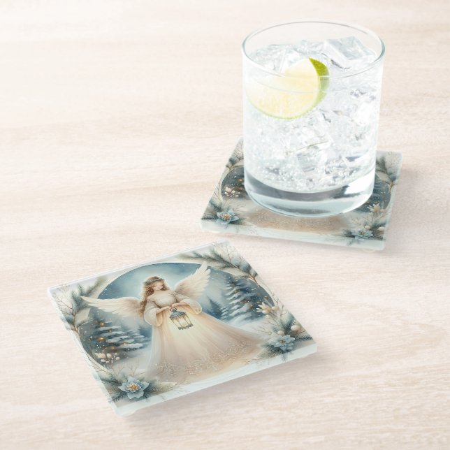 Posavasos De Vidrio Ángel Celestial de Invierno Farol de Esperanza (Angular)