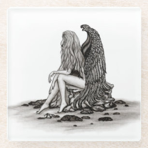 Posavasos De Vidrio Ángel , perdido en pensamiento , Diseño en blanco