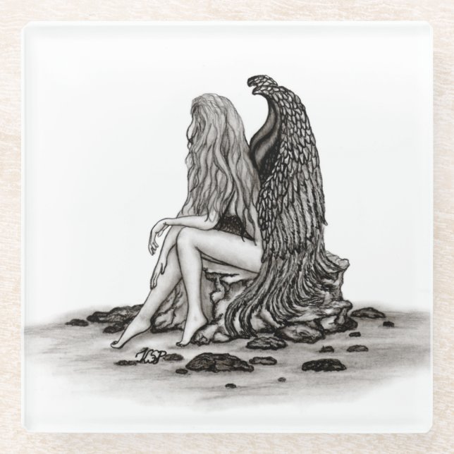 Posavasos De Vidrio Ángel , perdido en pensamiento , Diseño en blanco  (Anverso)