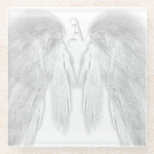 Posavasos De Vidrio ANGEL WINGS Monograma Personalizado blanco
