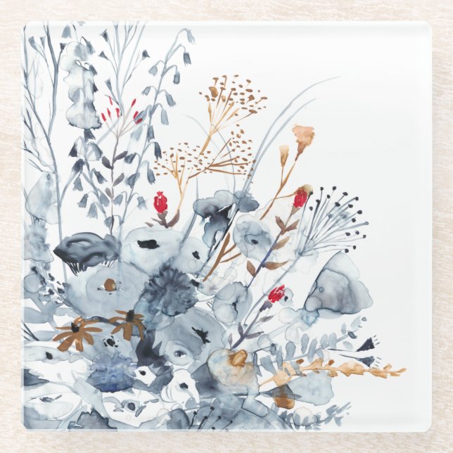 Posavasos De Vidrio Añil y ocre - flores de la acuarela (Anverso)