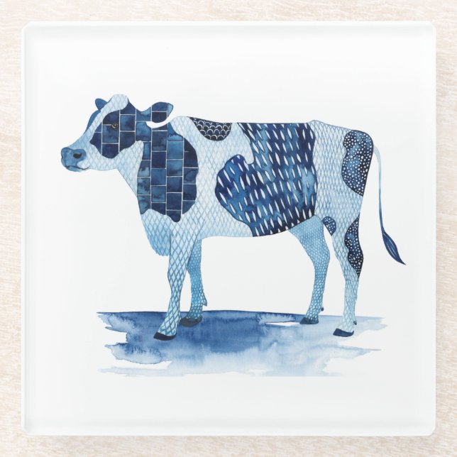 Posavasos De Vidrio Animales de la granja azul cobalto - vaca (Anverso)