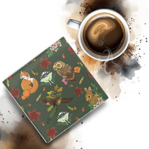 Posavasos De Vidrio Animales del bosque otoñal patrón verde