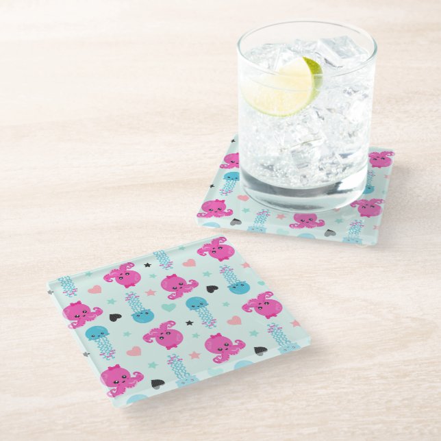 Posavasos De Vidrio Animales marinos, vida marina, pulpo, medusas, cor (Angular)