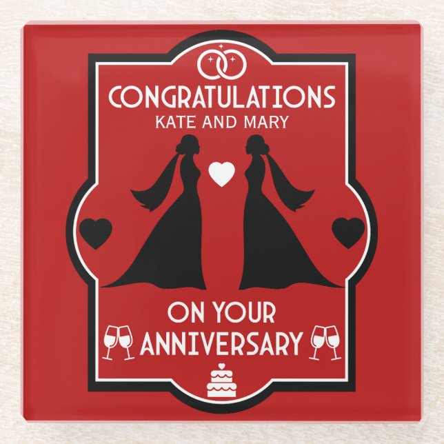 Posavasos De Vidrio Aniversario del Boda de Chicas gay (Anverso)