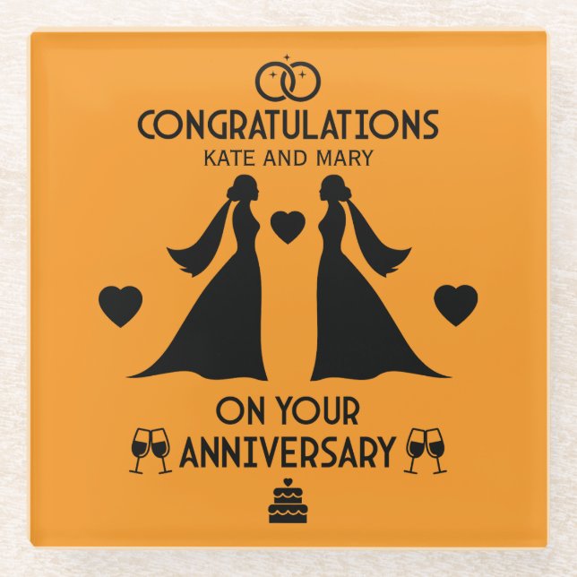 Posavasos De Vidrio Aniversario del Boda de Chicas gay (Anverso)