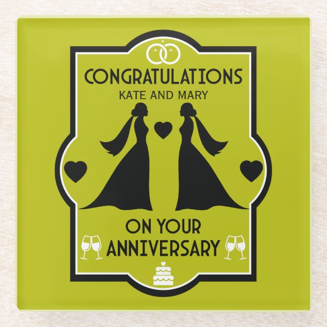 Posavasos De Vidrio Aniversario del Boda de Chicas gay (Anverso)