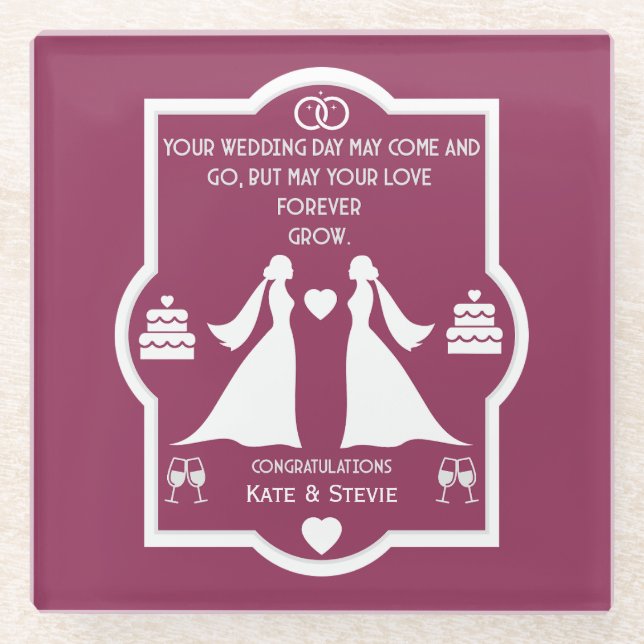 Posavasos De Vidrio Aniversario del Boda de Chicas gay (Anverso)