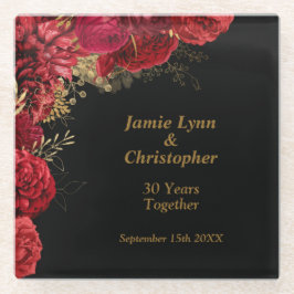 Posavasos De Vidrio Aniversario del Boda floral rojo personalizado