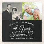 Posavasos De Vidrio Aniversario Elegante años en más de 2 fotos<br><div class="desc">Celebrar cualquier aniversario de boda con una montaña rusa conmemorativa personalizada en blanco y negro para la pareja especial. El diseño presenta un elegante diseño de tipografía de escritura caligráfica de # AÑOS INTO FOREVER acentuado con corazones entrelazados y personalizado con 2 fotos, sus nombres y fecha de boda u...</div>
