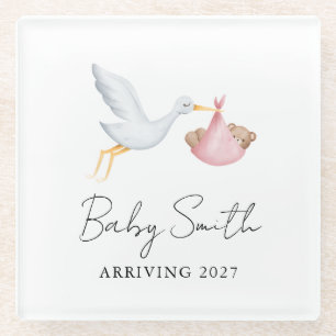 Posavasos De Vidrio Año de anuncio de cigüeña de acuarela de bebé niña