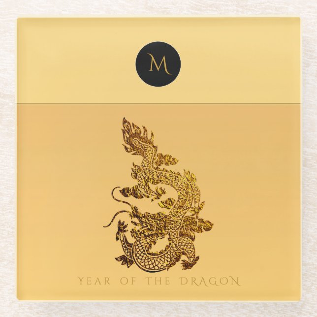 Posavasos De Vidrio Año Dragón Chino 2024 Elegante Monograma GlSC (Anverso)