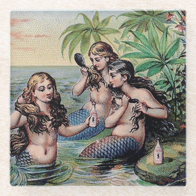 Posavasos De Vidrio Antigüedad de Sirena Mágica Océano Náutico (Anverso)