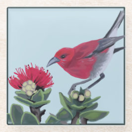 Posavasos De Vidrio Apapane & Lehua Blossom Hawaii Nature Illustration