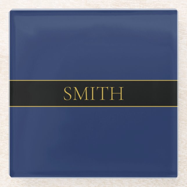 Posavasos De Vidrio Apellido o empresa Navy Blue & Gold Name (Anverso)