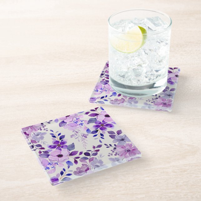 Posavasos De Vidrio Apenas Morado Acuarela Floral (Angular)