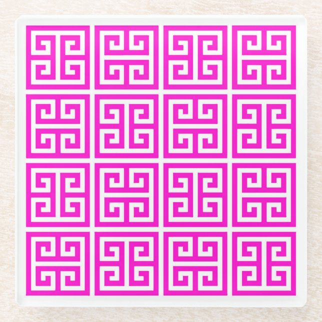 Posavasos De Vidrio Aplanador de claves griegas rosadas (Anverso)