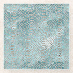 Posavasos De Vidrio Aqua Azul Estampado de Serpiente Plateada  