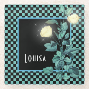 Posavasos De Vidrio Aqua Checkerboard Floral personalizada