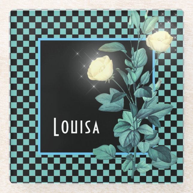 Posavasos De Vidrio Aqua Checkerboard Floral personalizada (Anverso)