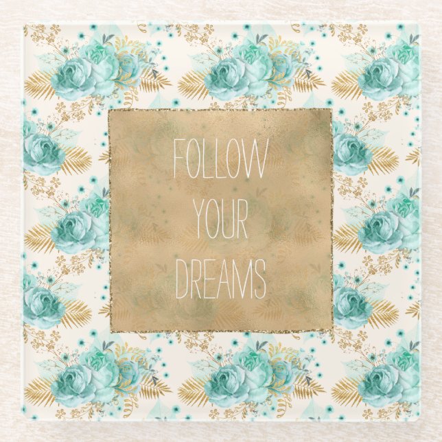 Posavasos De Vidrio Aqua Cream Gold Floral (Anverso)